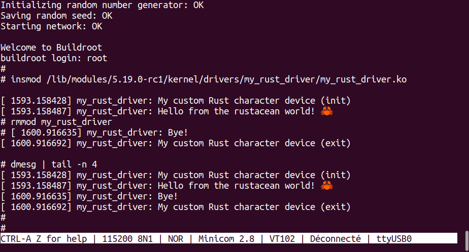 dmesg log for Rust driver