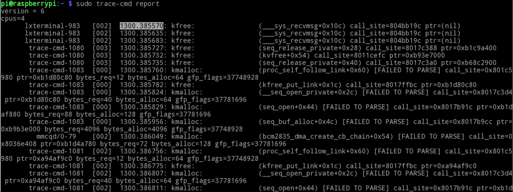 Reading tracing report of kmalloc and kfree by trace-cmd